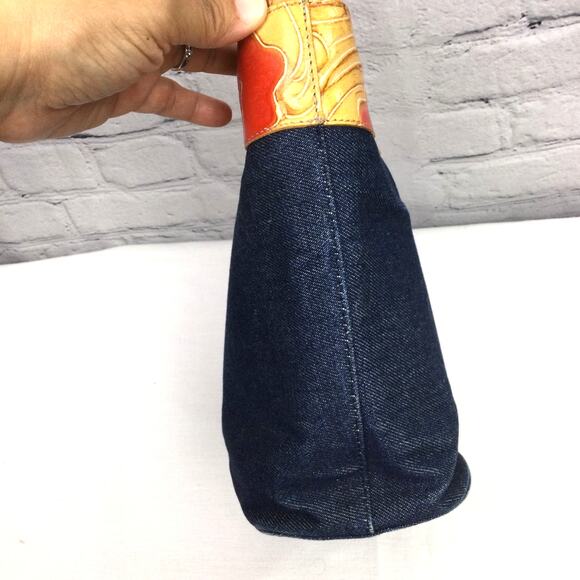 Berge Embossed Rose Leather Dark Wash Blue Denim Single Handle Bucket Handbag - Picture 8 of 16